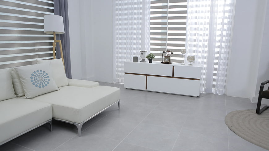 Modern White Living Room Interior with Sofa and Sideboard