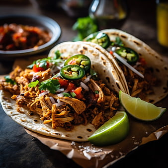 Close-up of savory chicken tacos with lime and jalapenos