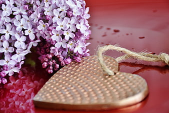 Purple lilac flowers and copper heart on red background