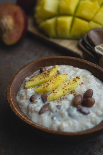 Coconut rice and beans dessert with mango and cinnamon