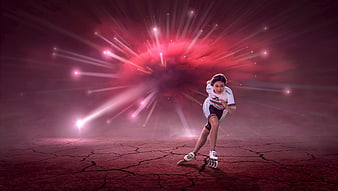 Woman on roller skates in dramatic red fantasy explosion scene