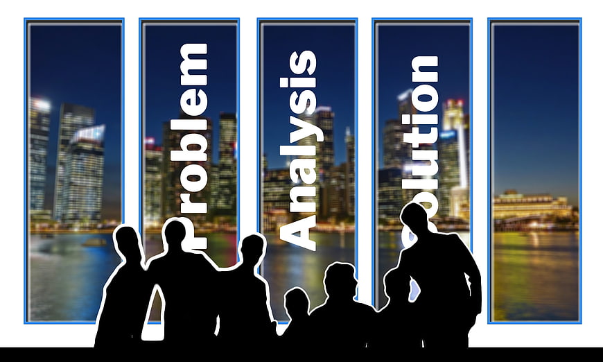 Business problem analysis solution concept with team silhouettes