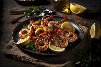 Grilled Shrimp with Lemon and Herbs on Dark Plate