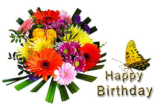 Colorful Flower Bouquet with Butterfly and Happy Birthday Text
