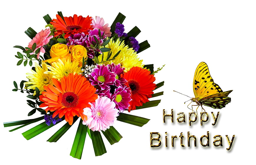 Colorful Flower Bouquet with Butterfly and Happy Birthday Text