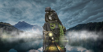 Mystical Fantasy Statue on Wooden Bridge in Misty Mountain Lake