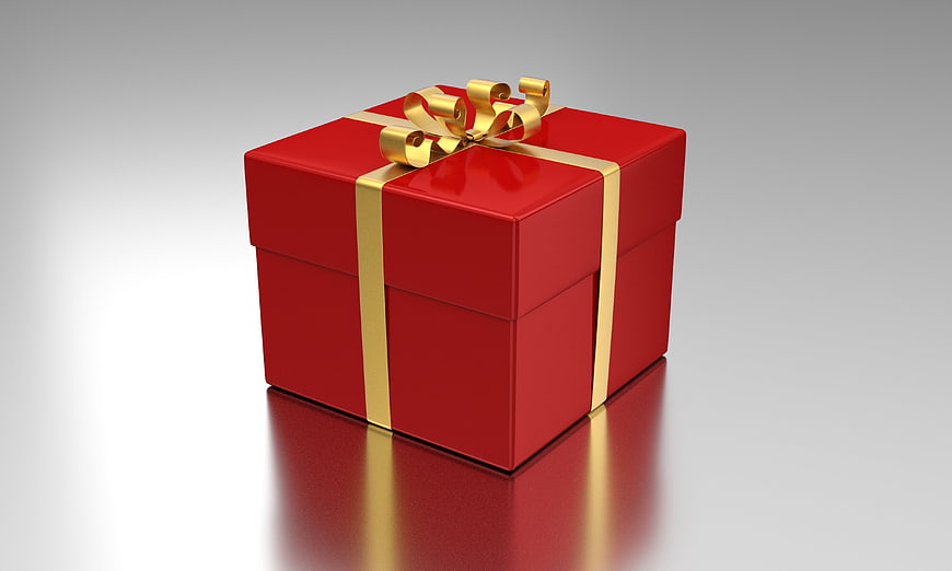 Red Gift Box with Gold Ribbon on Gray Background