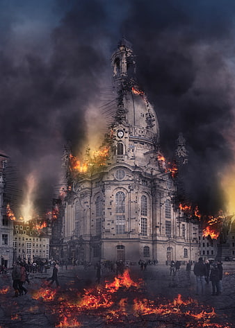 Dresden Frauenkirche Burning in Apocalyptic Fire and Smoke