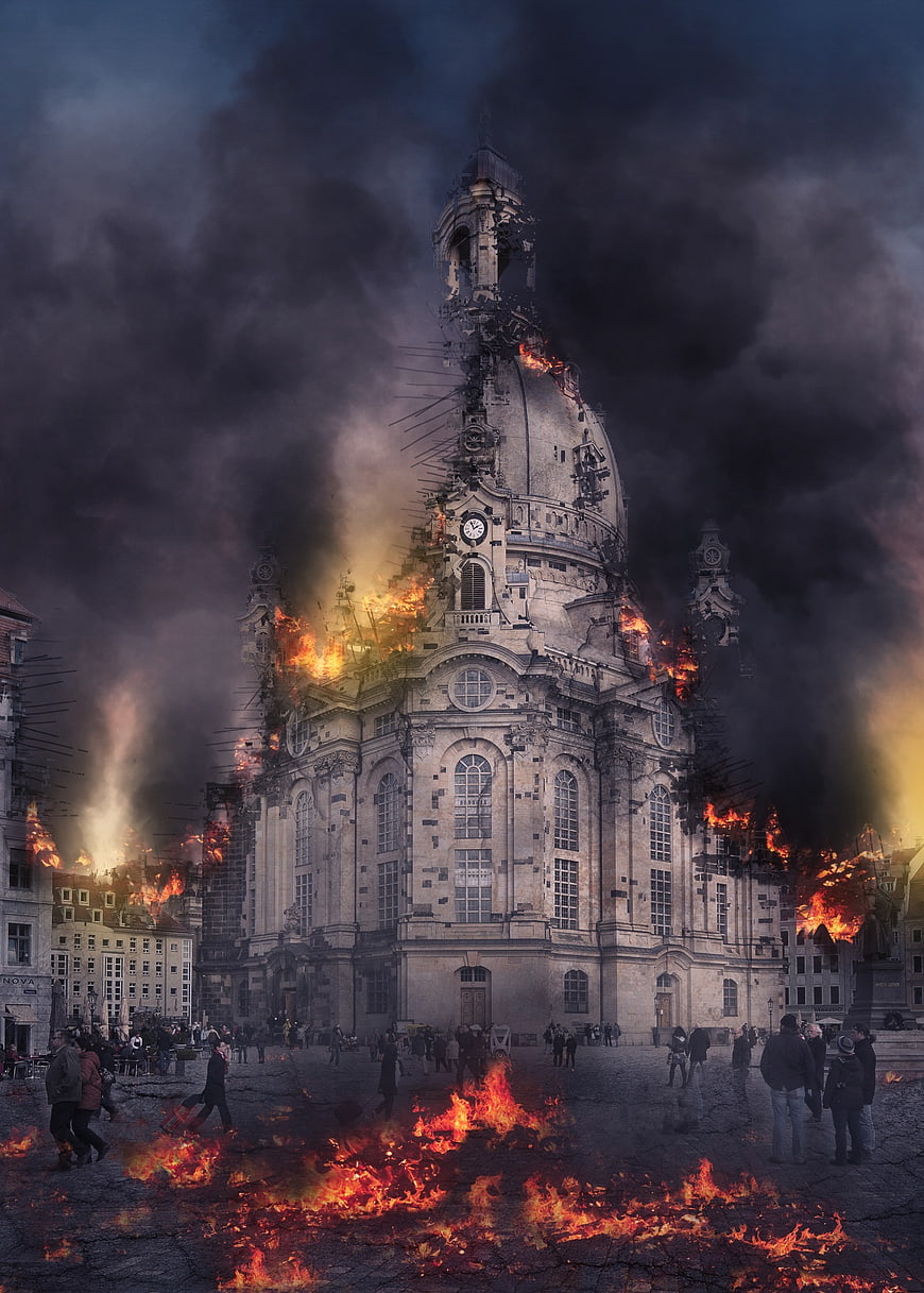 Dresden Frauenkirche Burning in Apocalyptic Fire and Smoke
