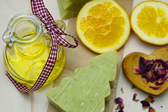 Natural handmade soap and essential oils with oranges