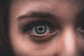 Close-up of a woman's blue eye with detailed iris texture