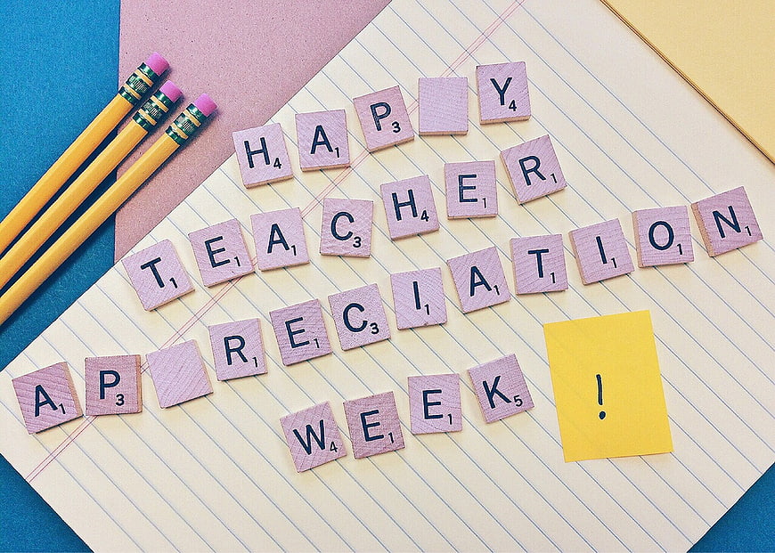 Happy Teacher Appreciation Week Scrabble Tiles on Notebook