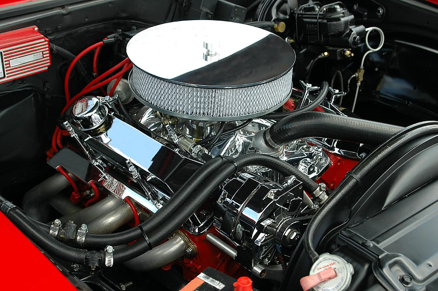 Chrome V8 Engine with Red Wires and Air Filter