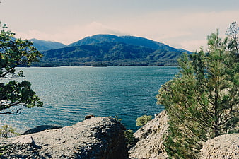 Scenic Lake View with Mountains and Pine Trees