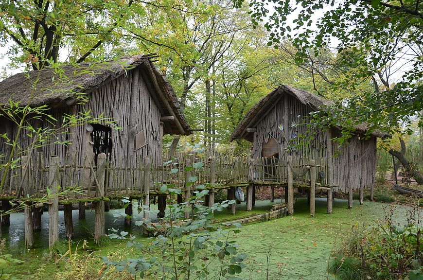 Traditional African Thatched Huts on Stilts in Forest
