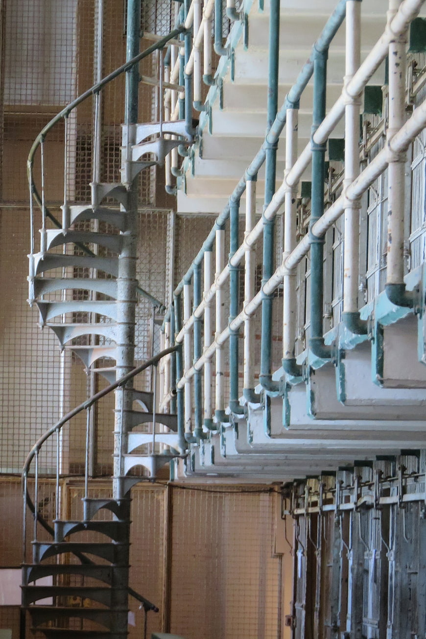 Vintage spiral staircase in Alcatraz prison cell block