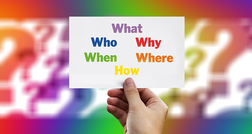 Hand holding card with question words against colorful background