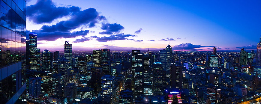 Panoramic Melbourne Skyline at Dusk with Blue Hour Lighting