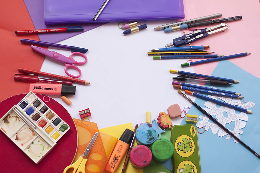 Colorful School Supplies Flat Lay with Copyspace