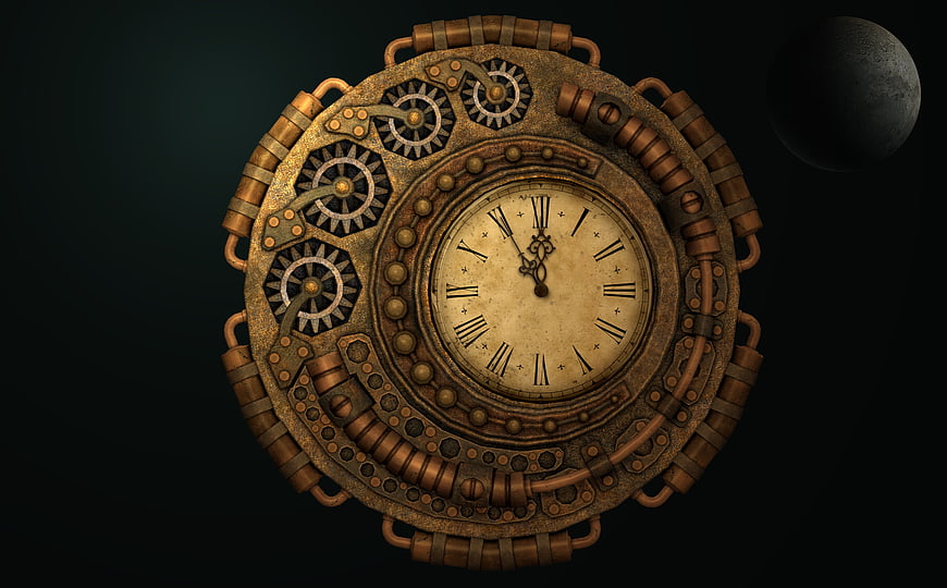 Steampunk Clockwork Mechanism with Moon Background