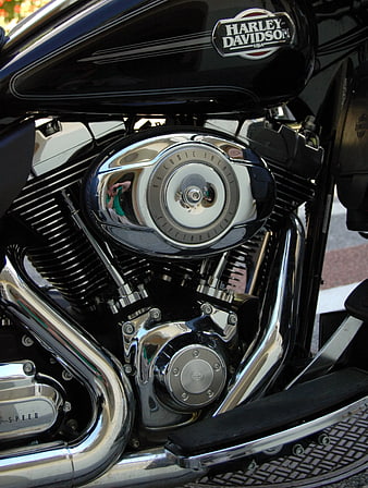 Close-up of Harley Davidson motorcycle engine and chrome details