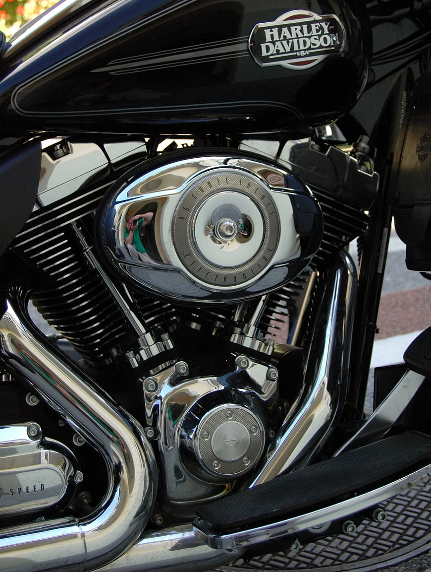 Close-up of Harley Davidson motorcycle engine and chrome details