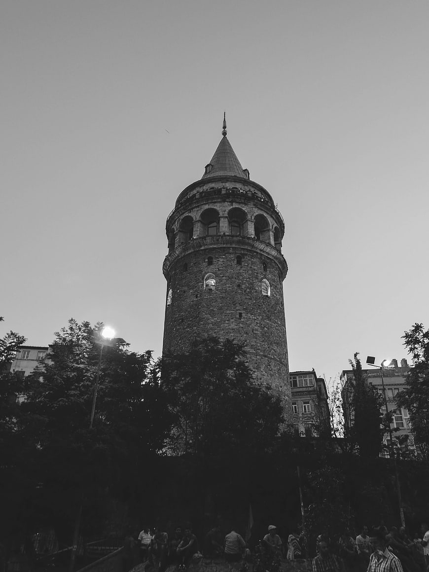Black and white low angle view of Galata Tower Istanbul