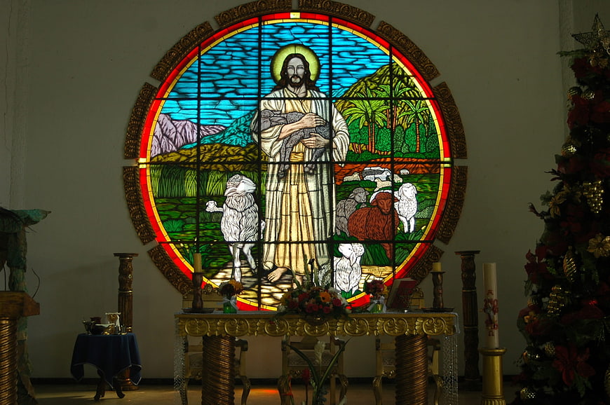 Stained Glass Window of Jesus as Good Shepherd in Church