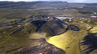 Aerial view of volcanic crater in Icelandic landscape