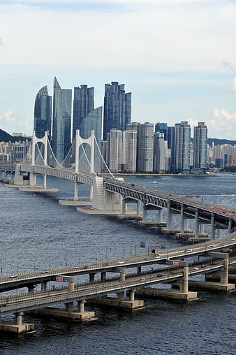 Aerial view of Yeouido Bridge and Seoul skyline with skyscrapers