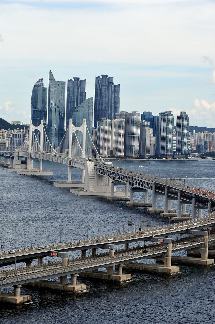 Aerial view of Yeouido Bridge and Seoul skyline with skyscrapers