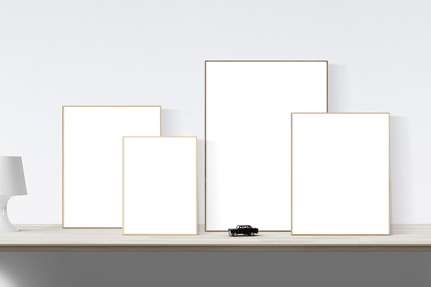 Minimalist Poster Mockup on Wooden Shelf with Toy Car