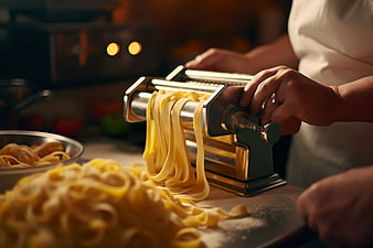 Hands Making Fresh Pasta with Manual Machine
