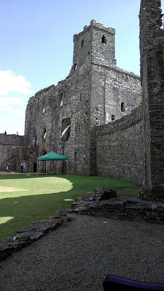 Kidwelly Castle Ruins in Wales with Green Lawn