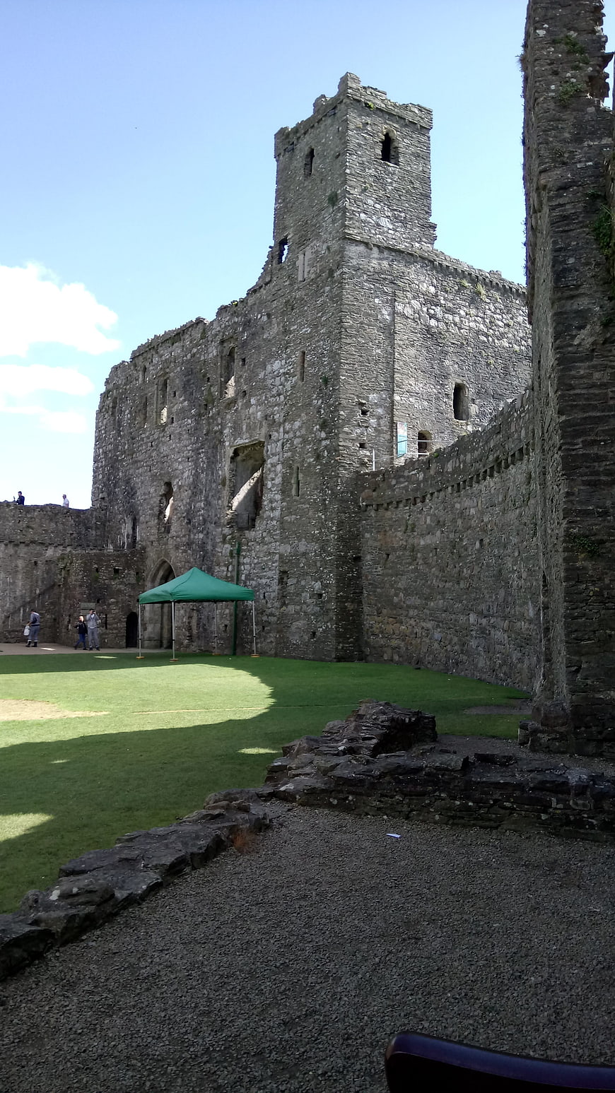 Kidwelly Castle Ruins in Wales with Green Lawn