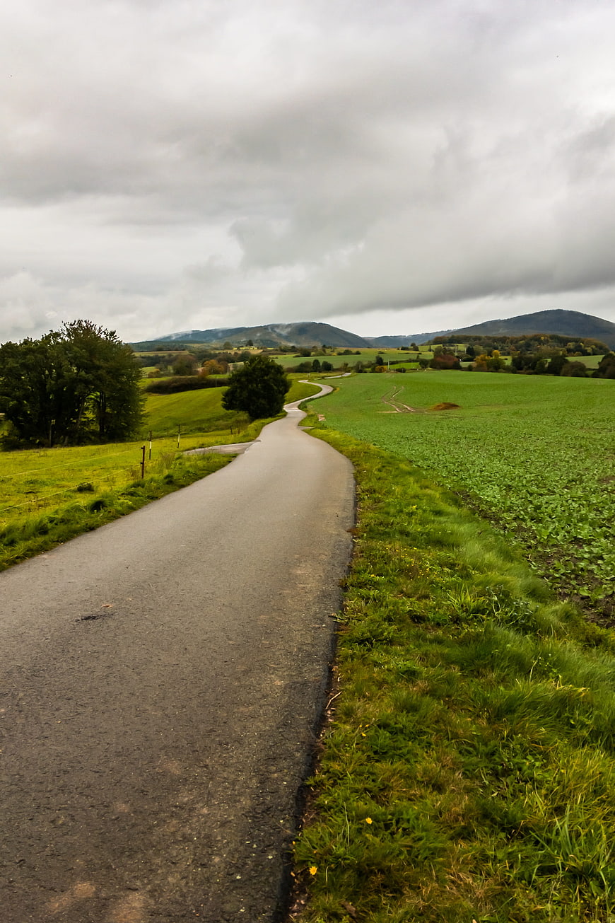 Winding country road through green fields under cloudy sky