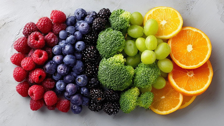Rainbow Arrangement of Fresh Fruits and Broccoli