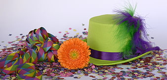 Colorful Carnival Hat with Feathers, Confetti, and Streamers