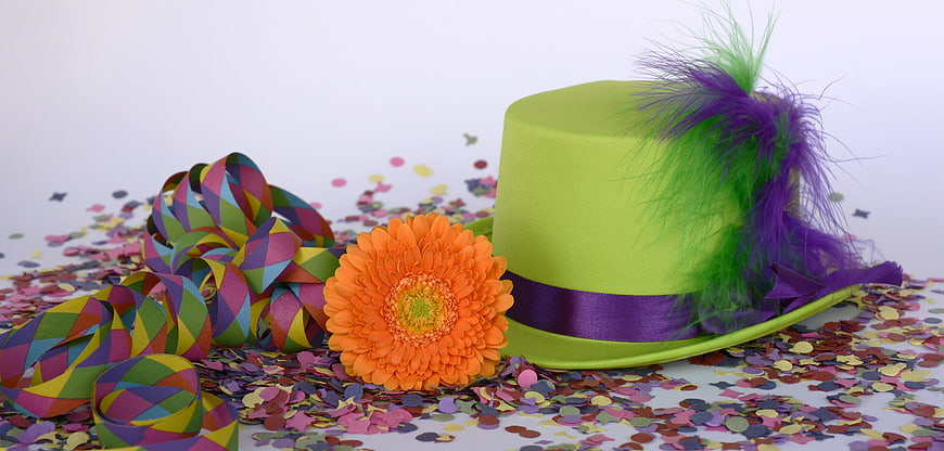 Colorful Carnival Hat with Feathers, Confetti, and Streamers