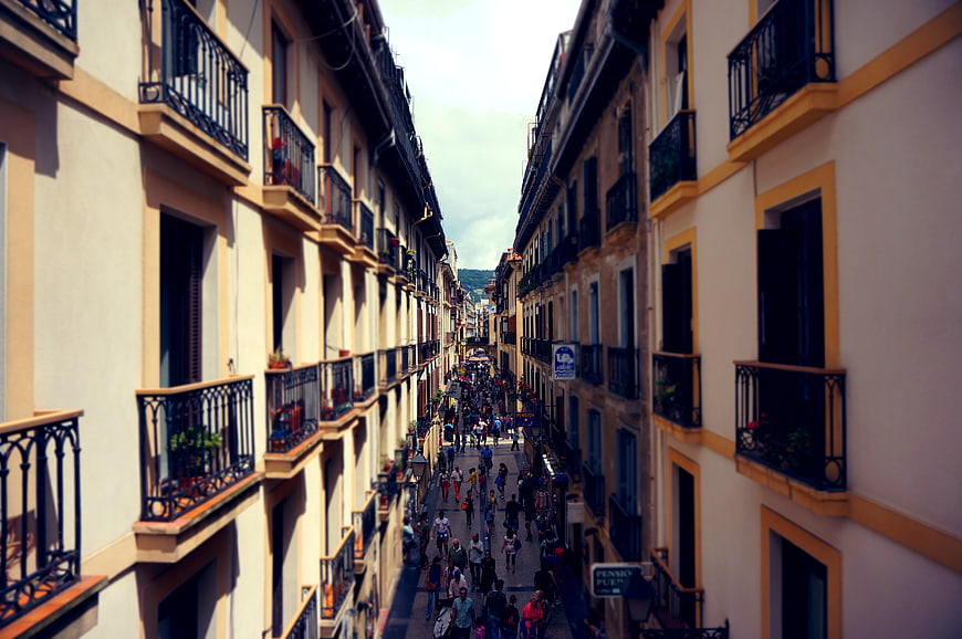 High Angle View of Crowded European Street with Balconies