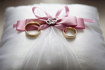 Gold wedding rings on white pillow with pink ribbon
