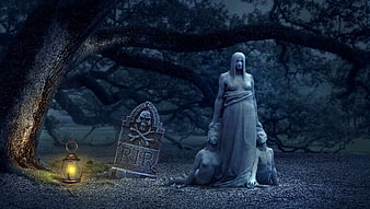 Gothic graveyard scene with ghostly statues and lantern