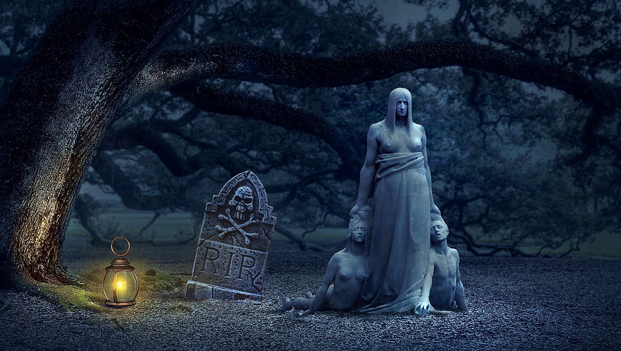 Gothic graveyard scene with ghostly statues and lantern