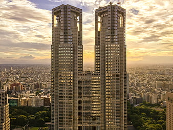 Aerial View of Shinjuku Twin Towers at Golden Hour