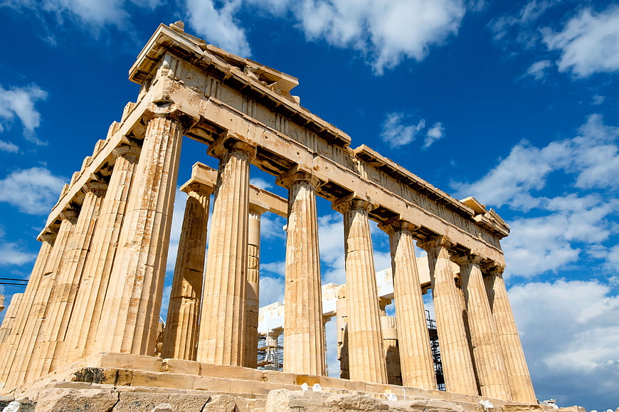 Parthenon Temple Columns Against Blue Sky in Athens