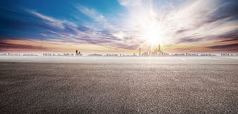 City Skyline Sunset Over Empty Asphalt Square