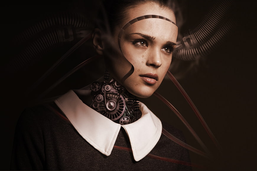 Cyborg woman with exposed gears and mechanical face