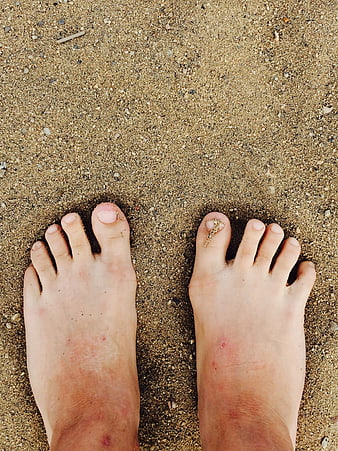 Bare feet standing on sandy beach top down view