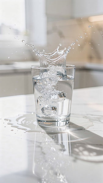 Refreshing Splash of Water with Ice Cubes in Glass