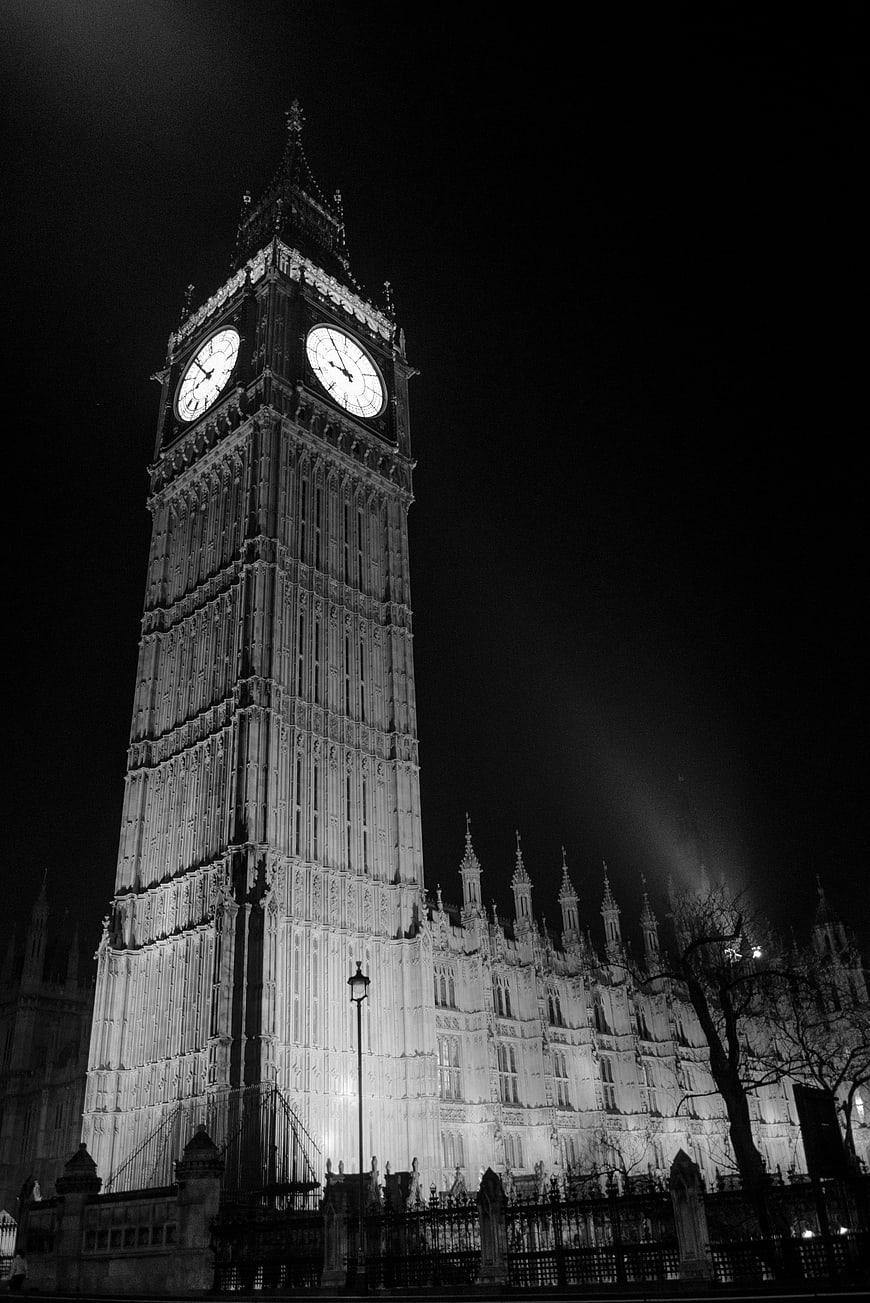 Big Ben and Houses of Parliament at Night in Black and White